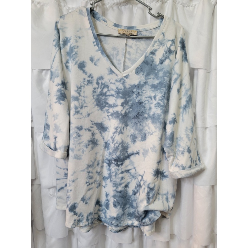 Misia Curvy Blue White Tie Dye V-Neck 3/4 Sleeve Top Plus Size  2X. 2010